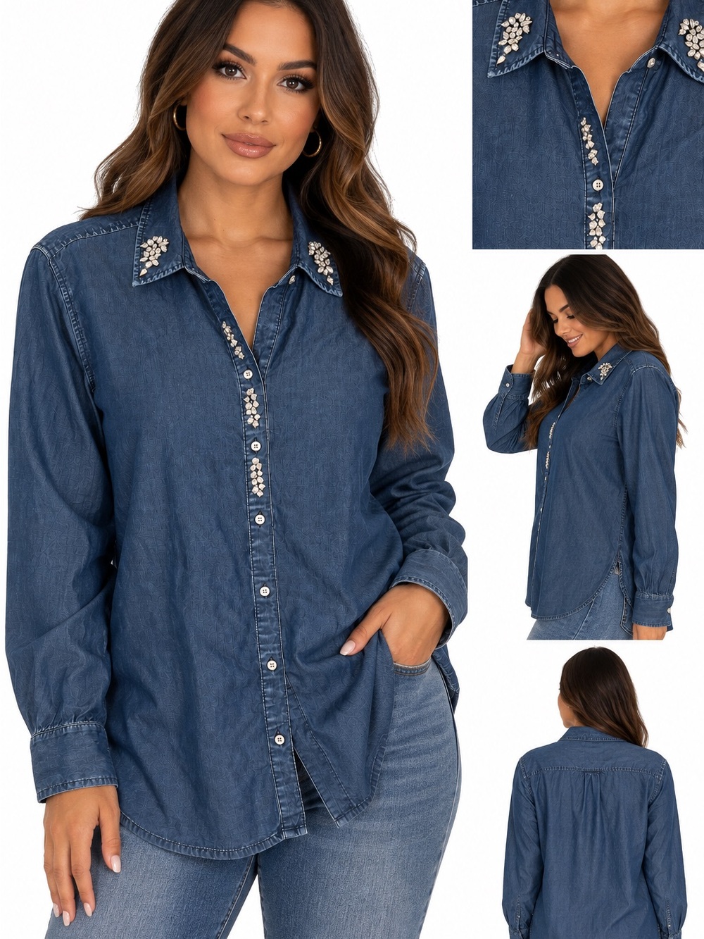 Chico's Embellished Chambray Denim Button Up Shirt Size 16 18 Blue Long Sleeve